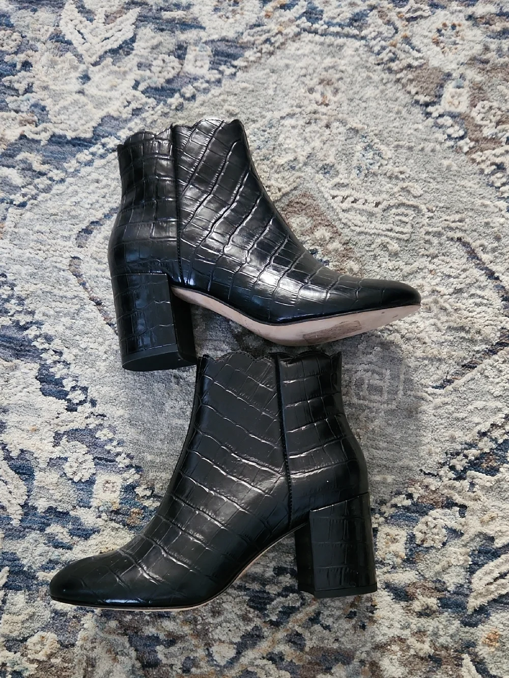 Andre Assous Black Croc-Embossed Ankle Boots Scolloped -Booties